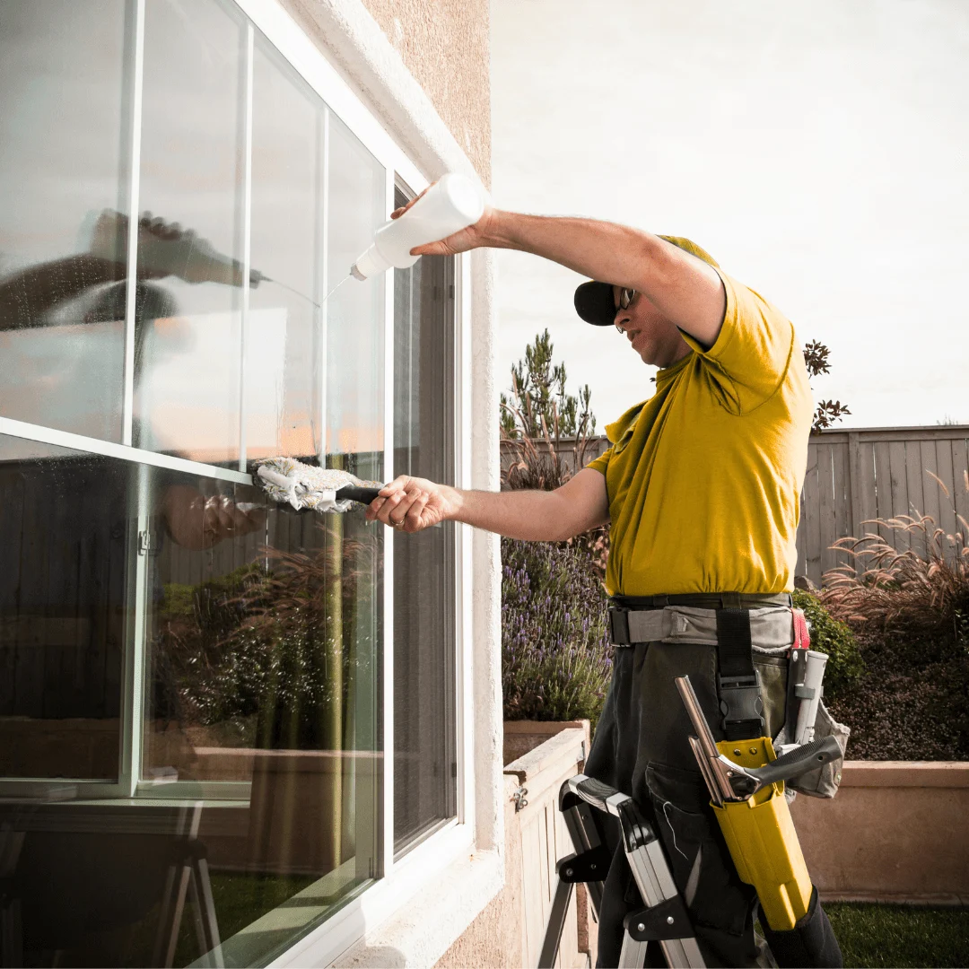 Fönsterputsare rengör kontorsfönster i Trelleborg